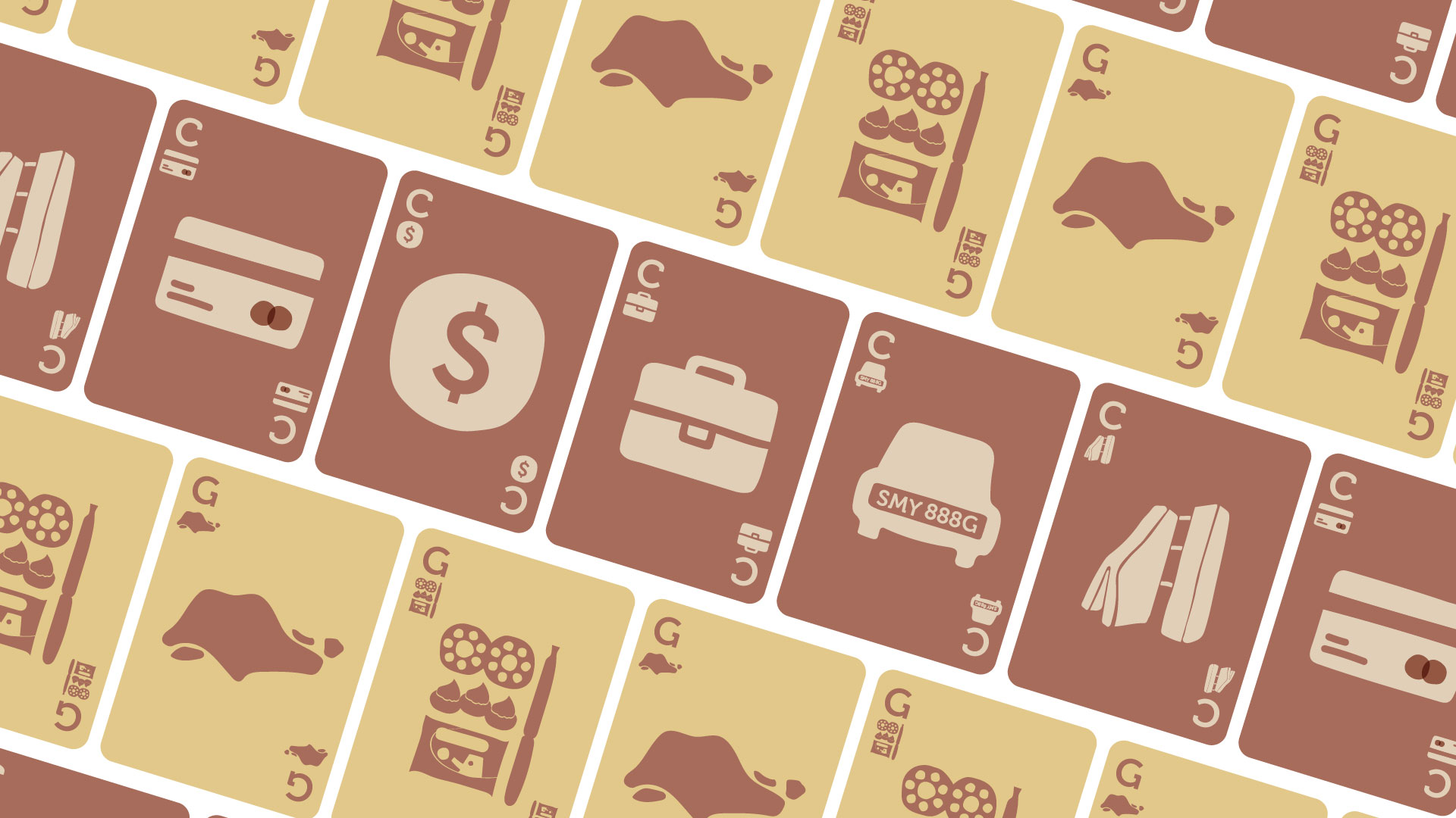 A concept imagery, containing a deck of cards laid out. Each card displays an item which is something people strive for in life, such as credit cards, cash, cars, condominiums, etc.