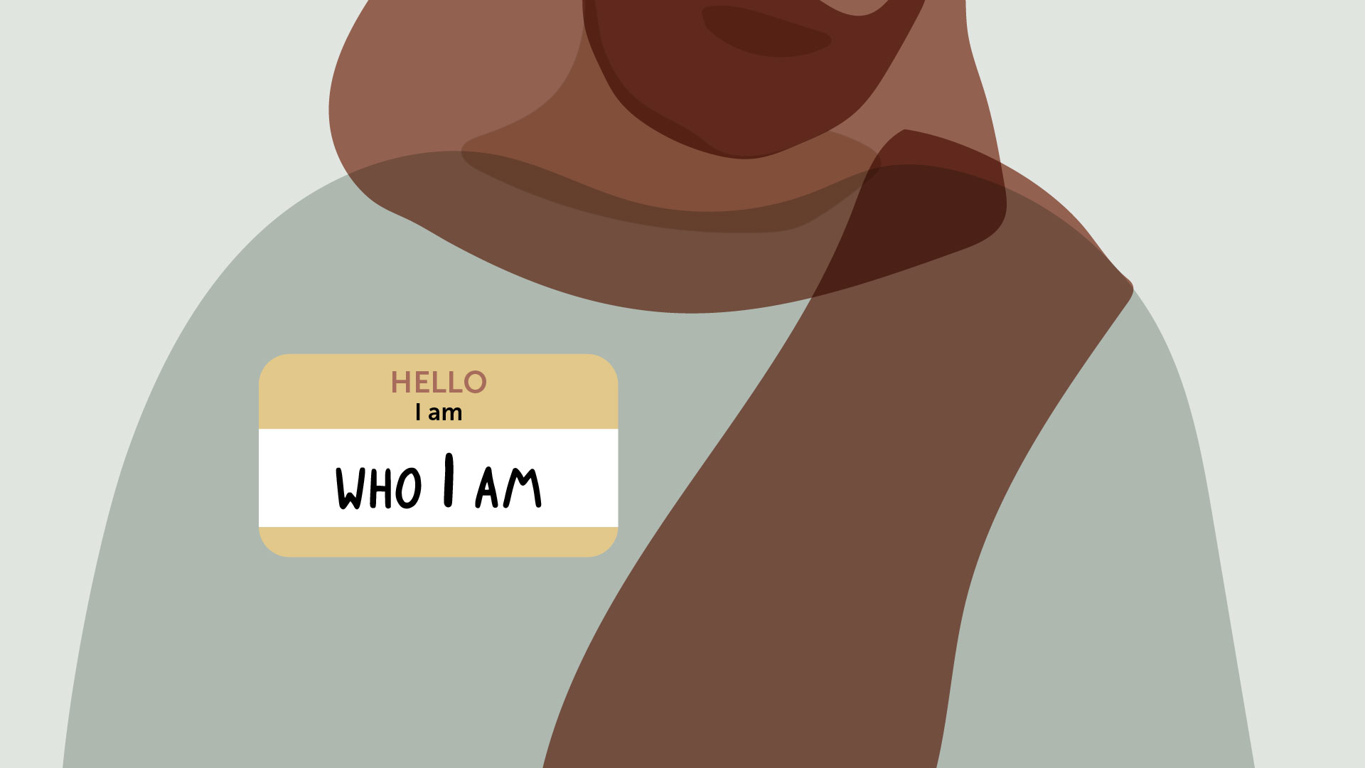 A human silhouette dressed in robes, reminiscent of the figure of Christ Jesus, has a name tag on his chest, with the following words written, "Hello, I am Who I am".