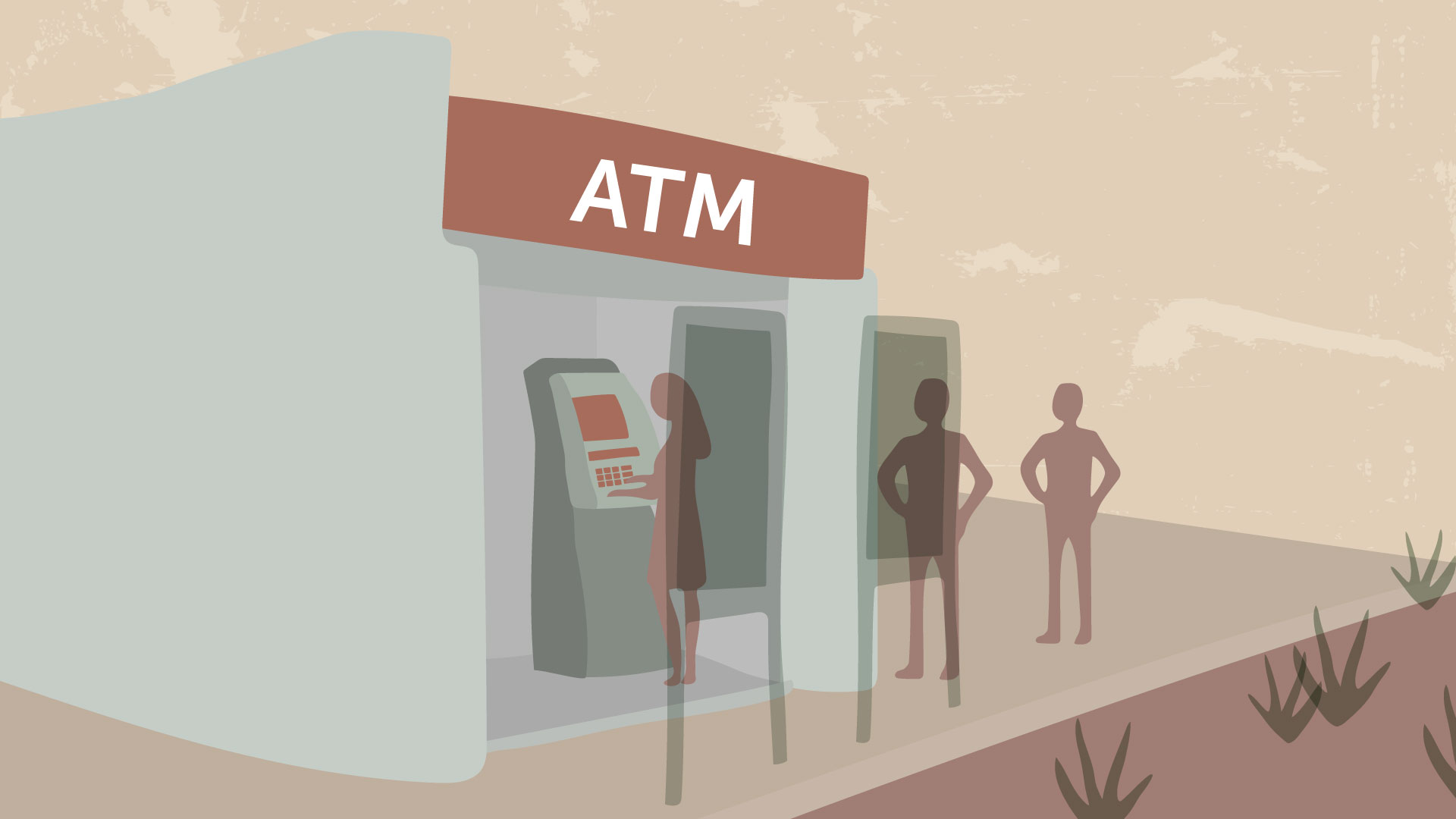 A queue forms at the ATM.