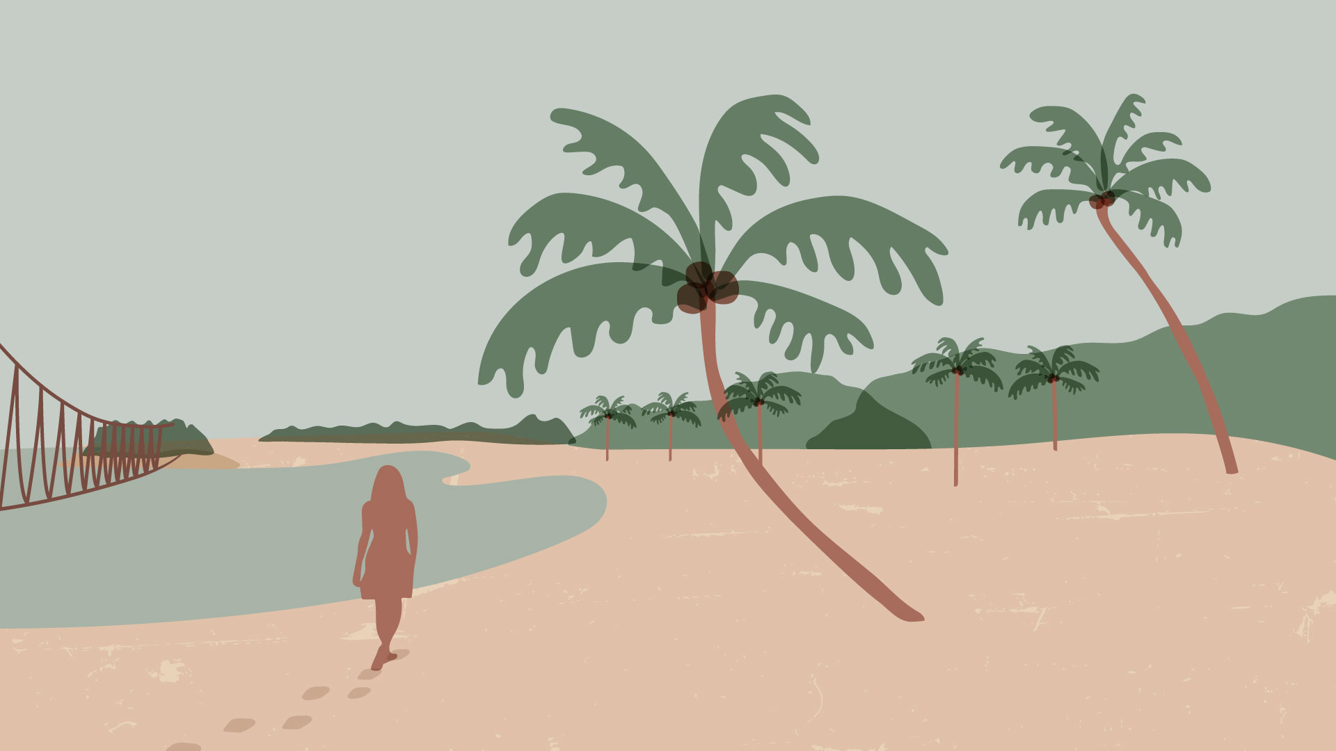 A lone figure walks along a beach shoreline in Sentosa. Coconut trees fill the beach.