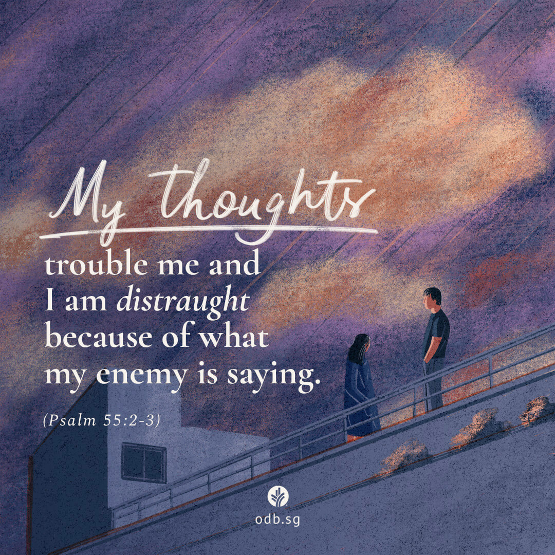 My thoughts trouble me and I am distraught because of what my enemy is saying. (Psalm 55:2-3)