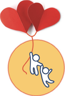 Two people hang to two love balloons icon