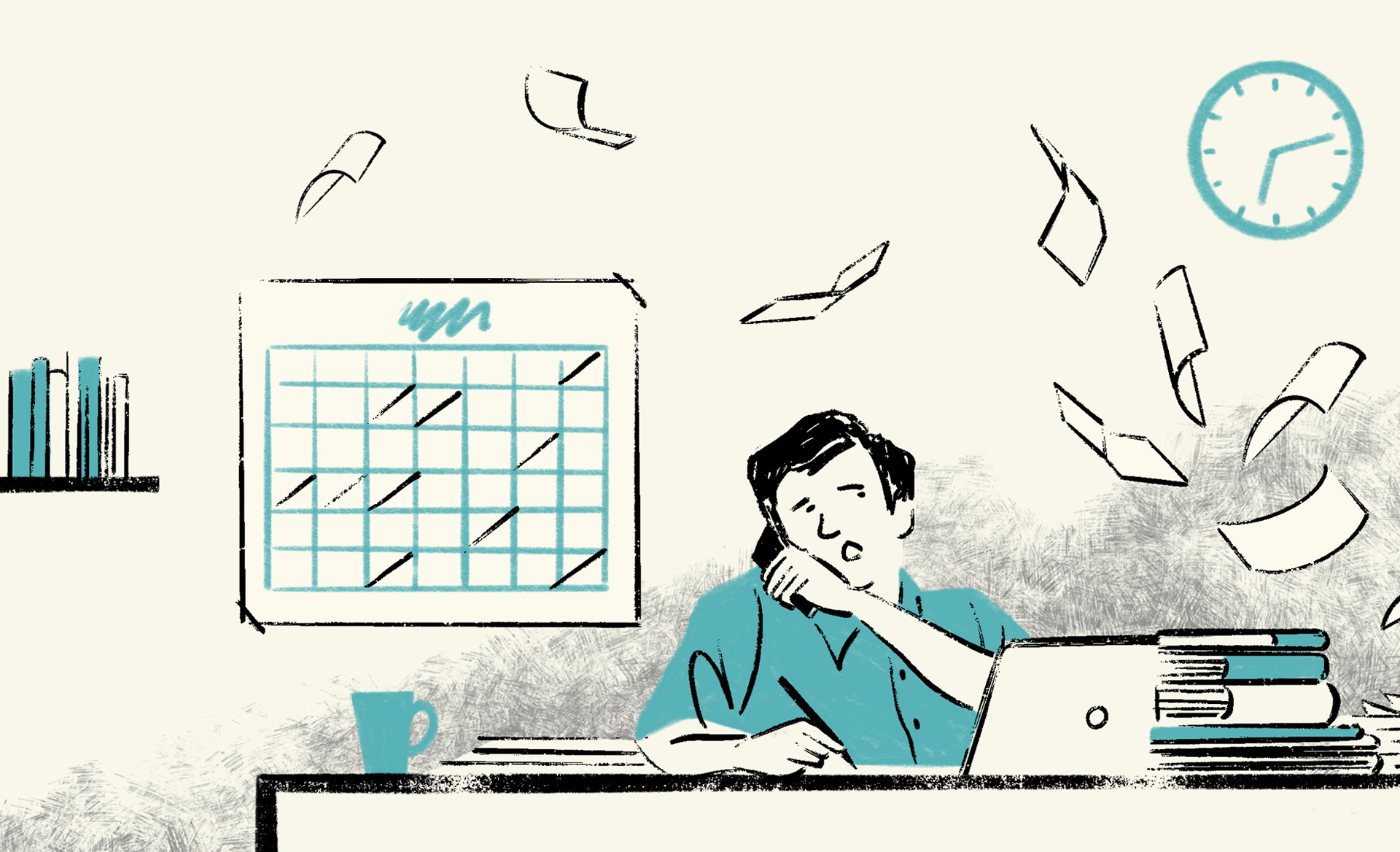 An illustration of a man working hard by his desk, answering a phone call while documents fly all over.