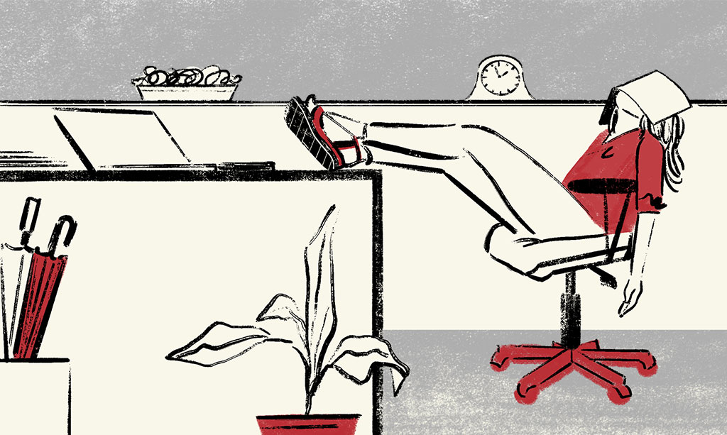 An illustration of a woman resting at her work desk.
