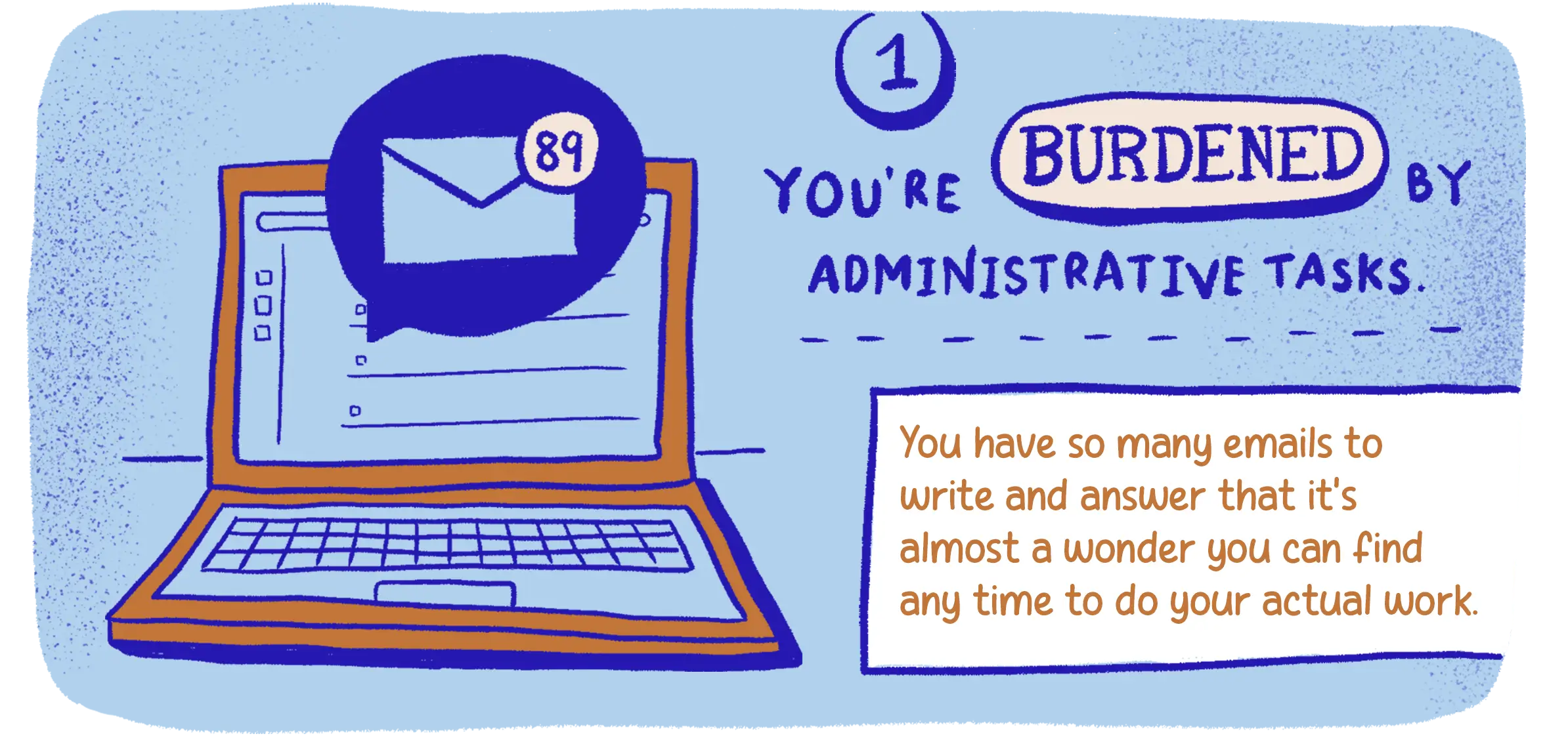 1. You’re burdened by administrative tasks. You have so many emails to write and answer that it’s almost a wonder you can find any time to do your actual work.