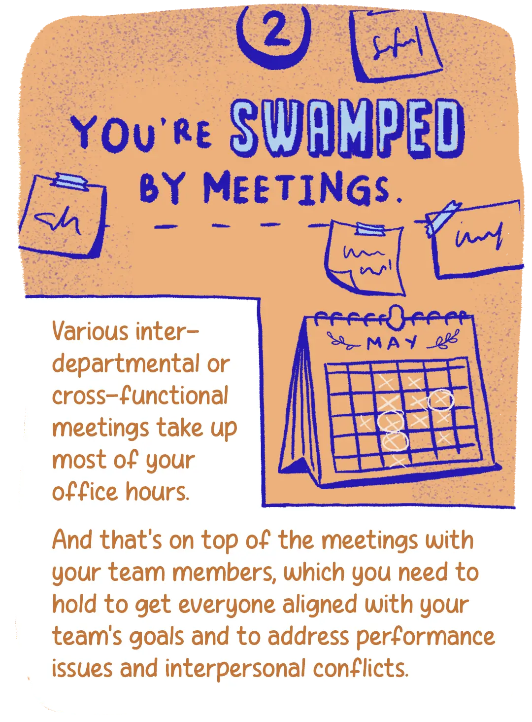 2. You’re swamped by meetings. Various inter-departmental or cross-functional meetings take up most of your office hours. And that’s on top of the meetings with your team members, which you need to hold to get everyone aligned with your team’s goals and to address performance issues and interpersonal conflicts.