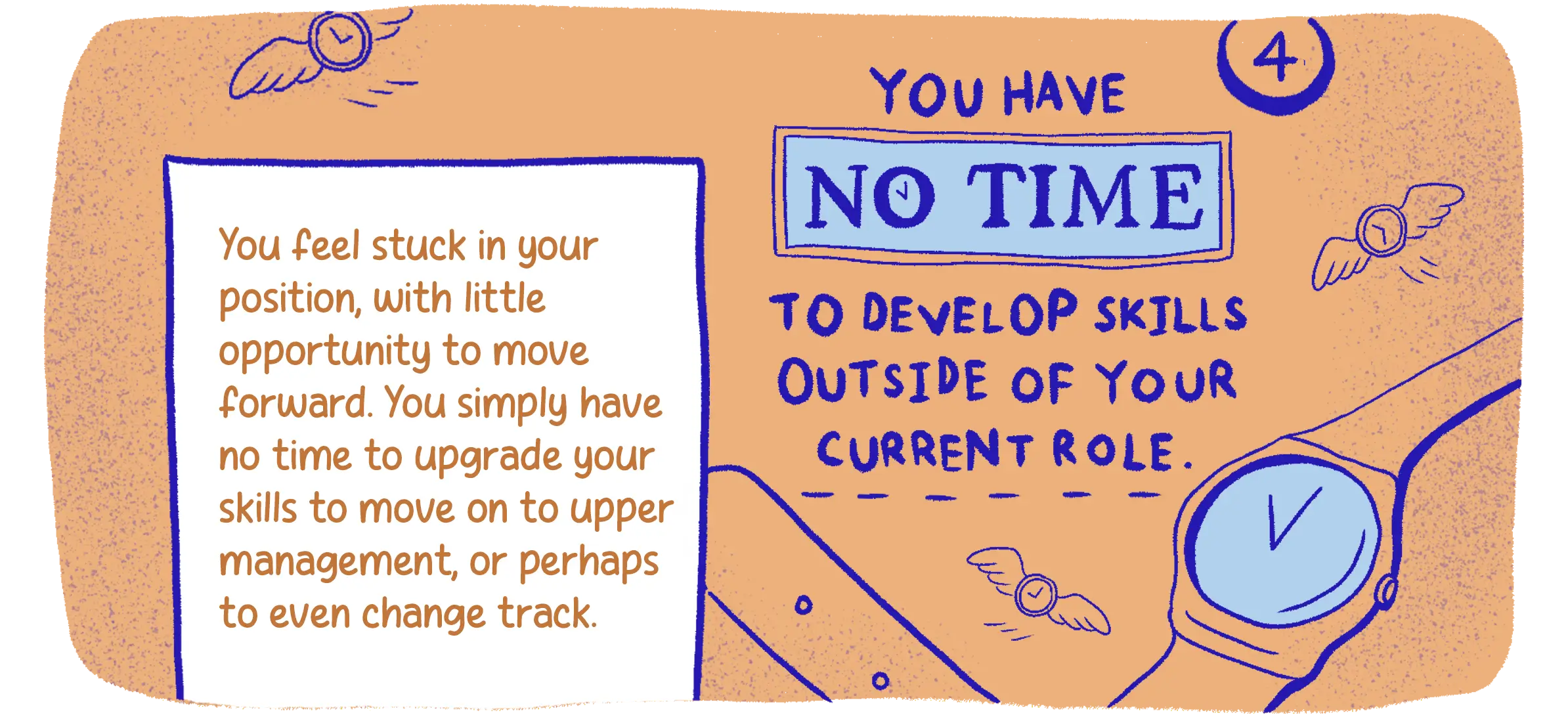 4. You have no time to develop skills outside of your current role. You feel stuck in your position, with little opportunity to move forward. You simply have no time to upgrade your skills to move on to upper management, or perhaps to even change track. 